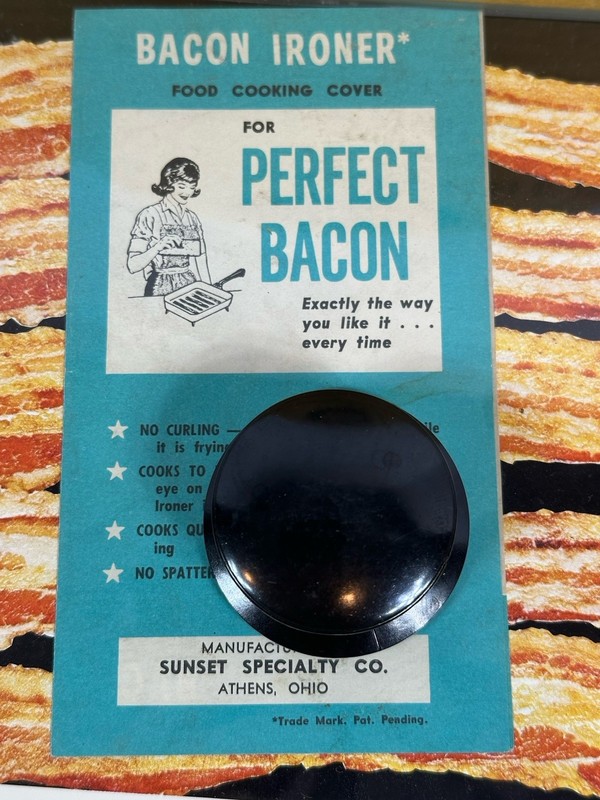 Vintage Bacon Ironer 9" Square Tempered Glass Sunset Specialty Co USA Press NIB gallery