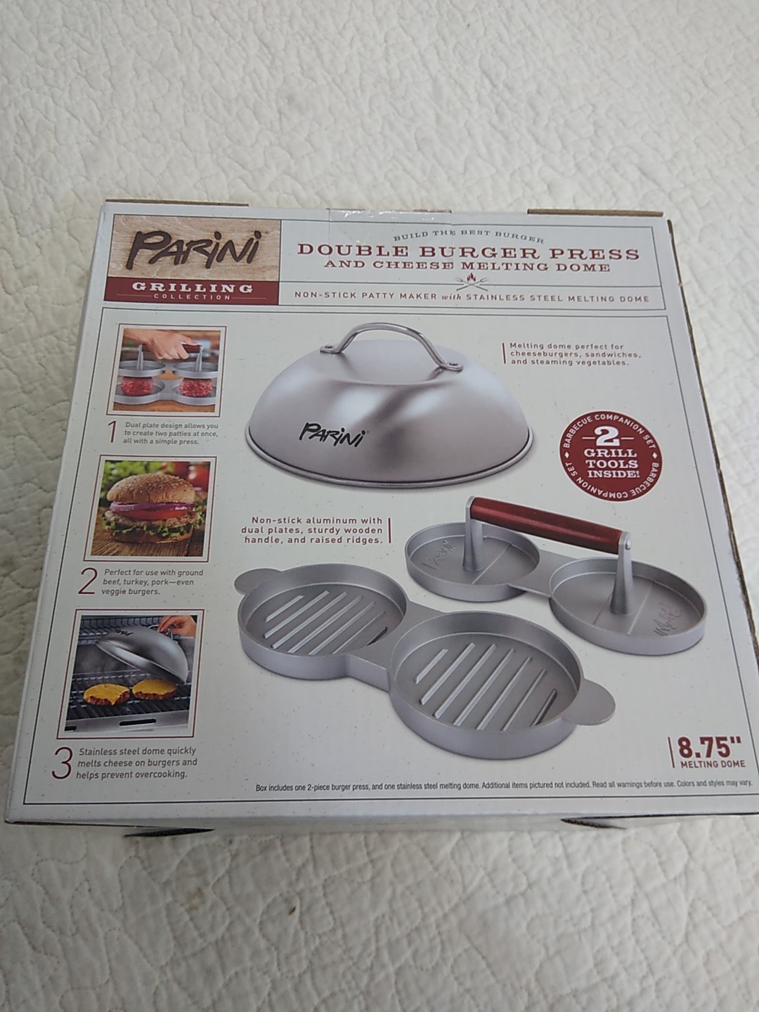 Parini Double Burger Press and Cheese Melting Dome 8.75" Non-Stick NIB gallery