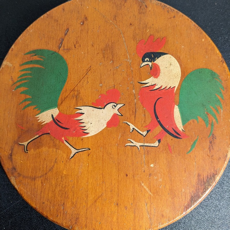 Vintage Wooden Hamburger Press Fighting Roosters Hand Painted Japan Kitchen Tool gallery