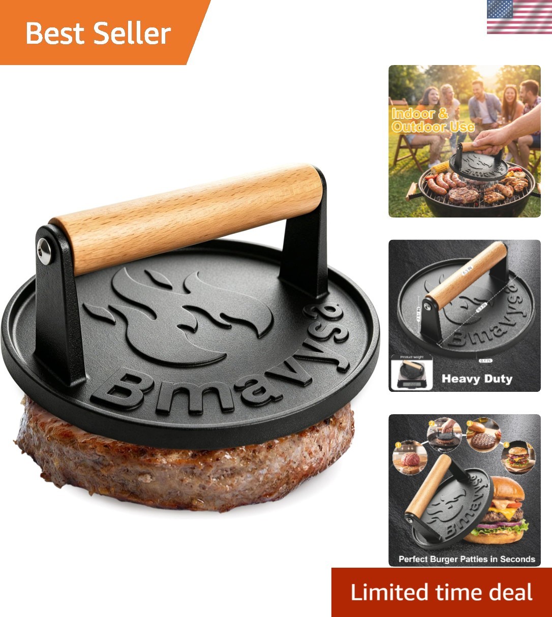 Heavy-Duty Cast Iron Smash Burger Press, Non-Stick and Rust Resistant, Burger Sm gallery