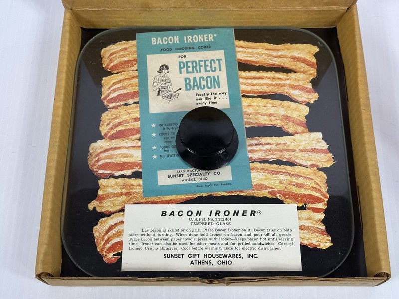 Vintage Bacon Ironer 9" Square Tempered Glass Sunset Specialty Co USA Press NIB gallery