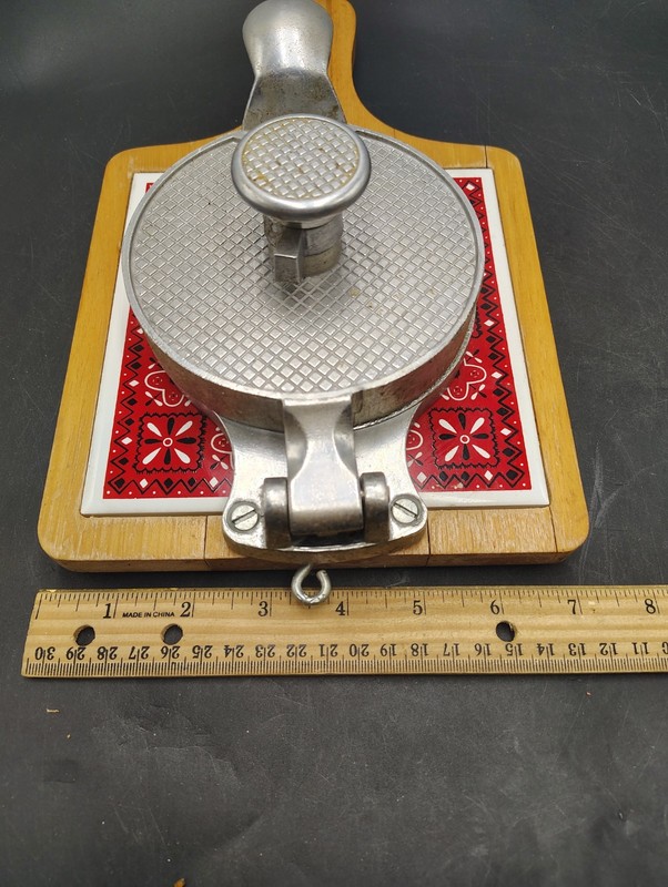 VTG Retro Wooden Paddle Hinged Aluminum Hamburger Patty Press Maker Red Bandana gallery