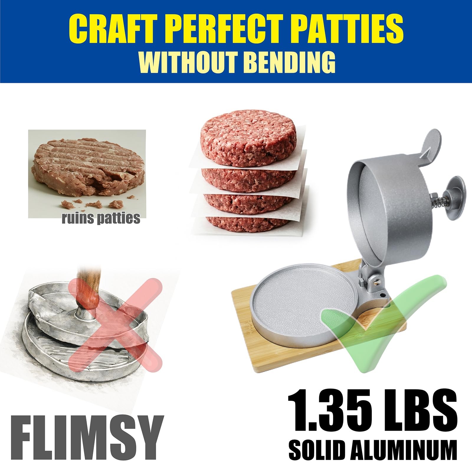 Heavy Duty Hamburger Press Patty Maker, Adjustable 1/4 to 3/4 lb Meat Mold, D... gallery