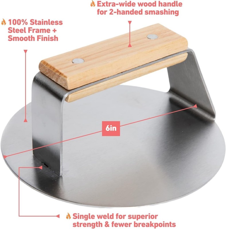 Burger Press Stainless Steel 6 Inch Heavy Duty Flat Handle Smasher Tool gallery