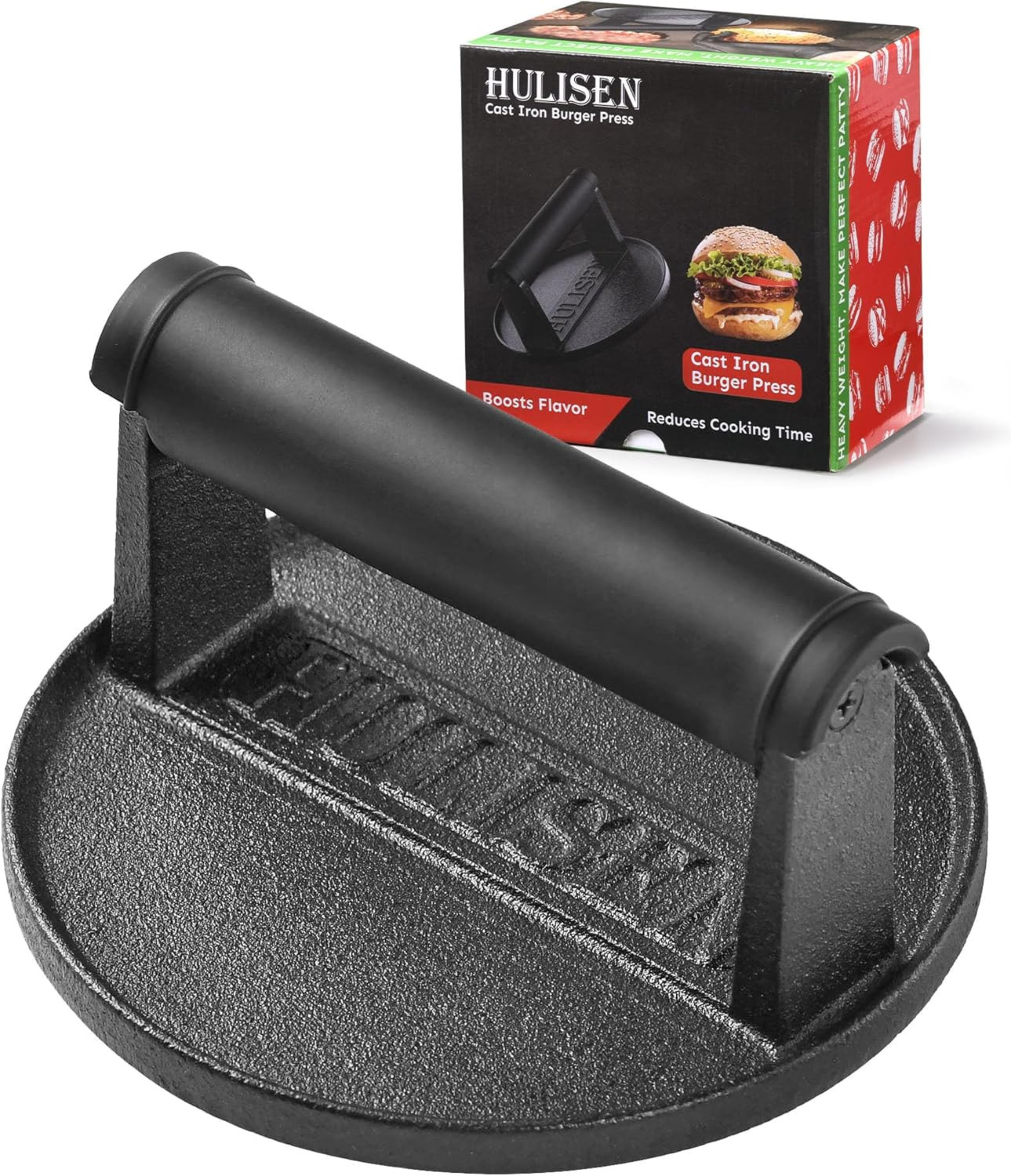 Pre-Seasoned Cast Iron Burger Press, Heavy Duty 6” Burger Smasher for Griddle wi gallery