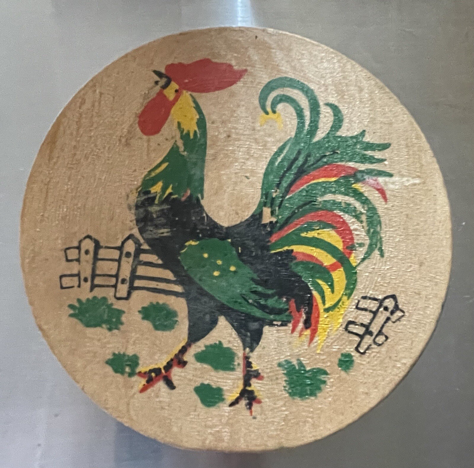 Vtg Rooster Wood Hamburger Press hand painted Rustic Folk Art Chicken Country gallery