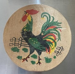 Vtg Rooster Wood Hamburger Press hand painted Rustic Folk Art Chicken Country