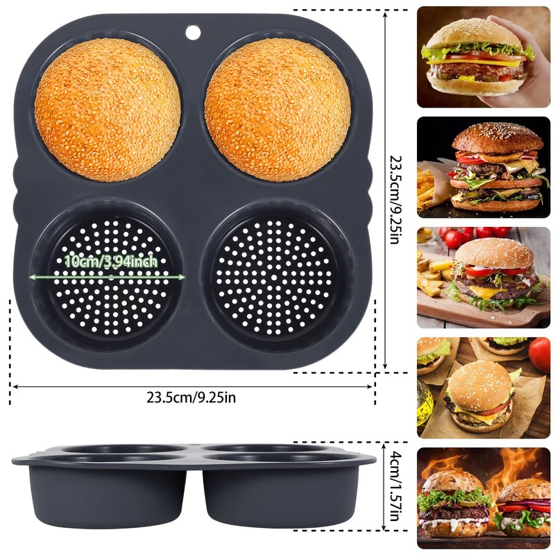 Abizarch 2Pcs Silicone Hamburger Bun Mold with 4 Cavities,Non-stick Dark Gray gallery