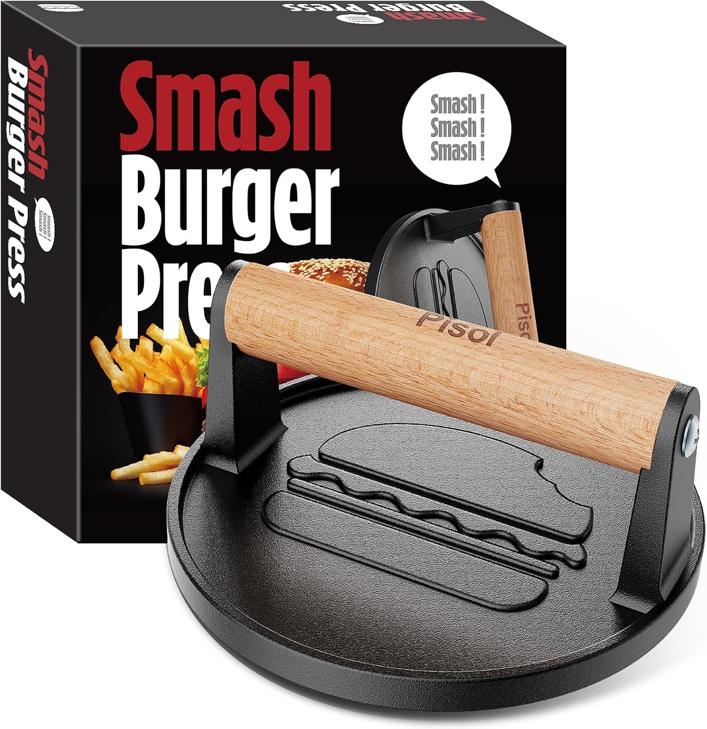 Cast Iron Smash Burger Press Pre-Seasoned Hamburger Smasher 2 lb Heavy-Duty gallery