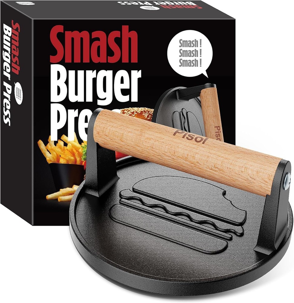 Cast Iron Smash Burger Press Pre-Seasoned Hamburger Smasher 2 lb Heavy-Duty