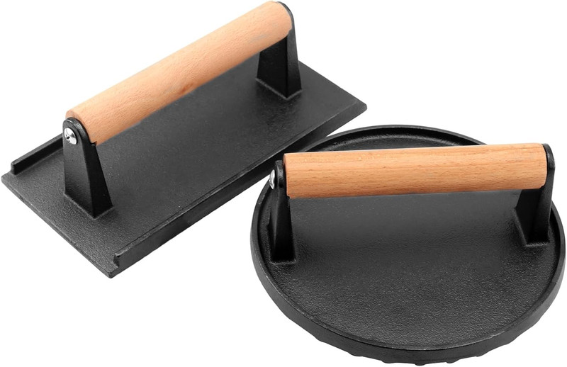 2 Pack Cast Iron Grill Press Set, 6.8" Round & 8" Rectangle Heavy Bacon Griddle gallery