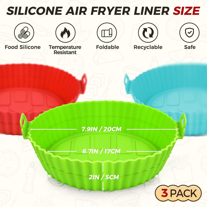Buauty 3 Pack Air Fryer Silicone Liners 8inch 3 Pack: Blue+Green+Red gallery