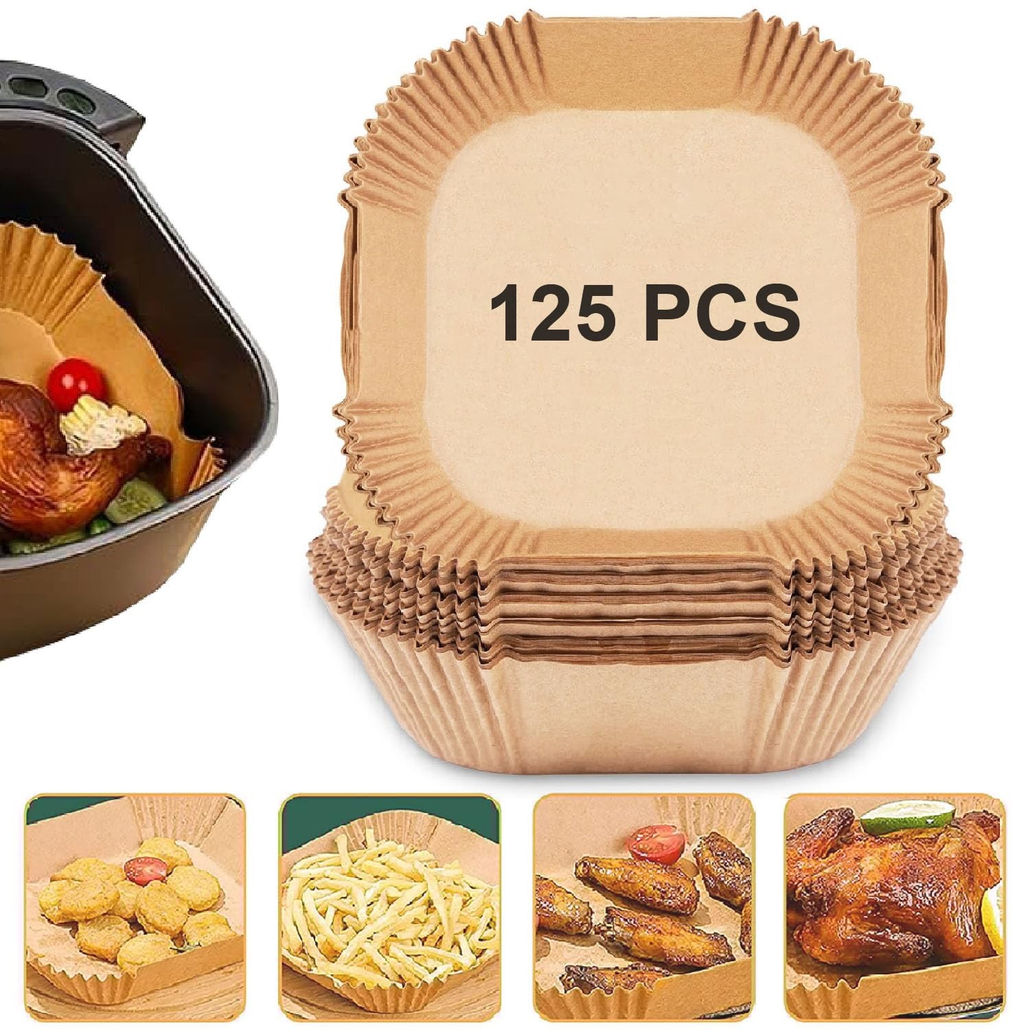 Air Fryer Paper Liners, 125PCS Non-stick Disposable Square-8"-125Pcs, Square gallery