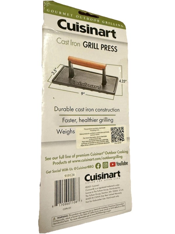Cuisinart 9” Cast Iron Grill Press Nonstick Wooden Handle NEW gallery