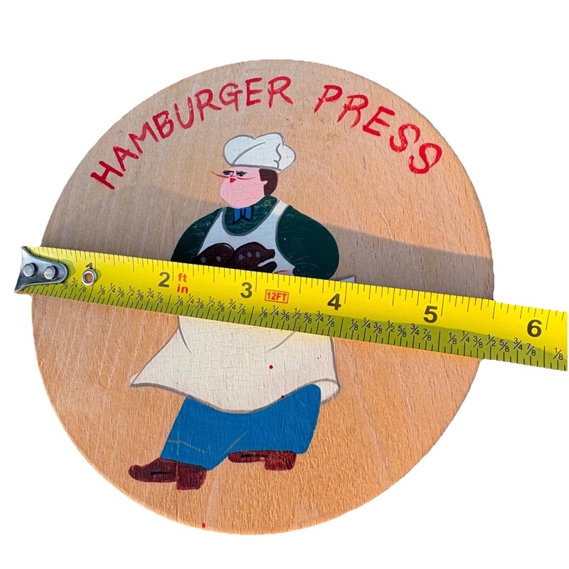 Vintage Wooden Hamburger Press Chef Graphic Hinged Burger Maker Japan MCM 5.5" gallery