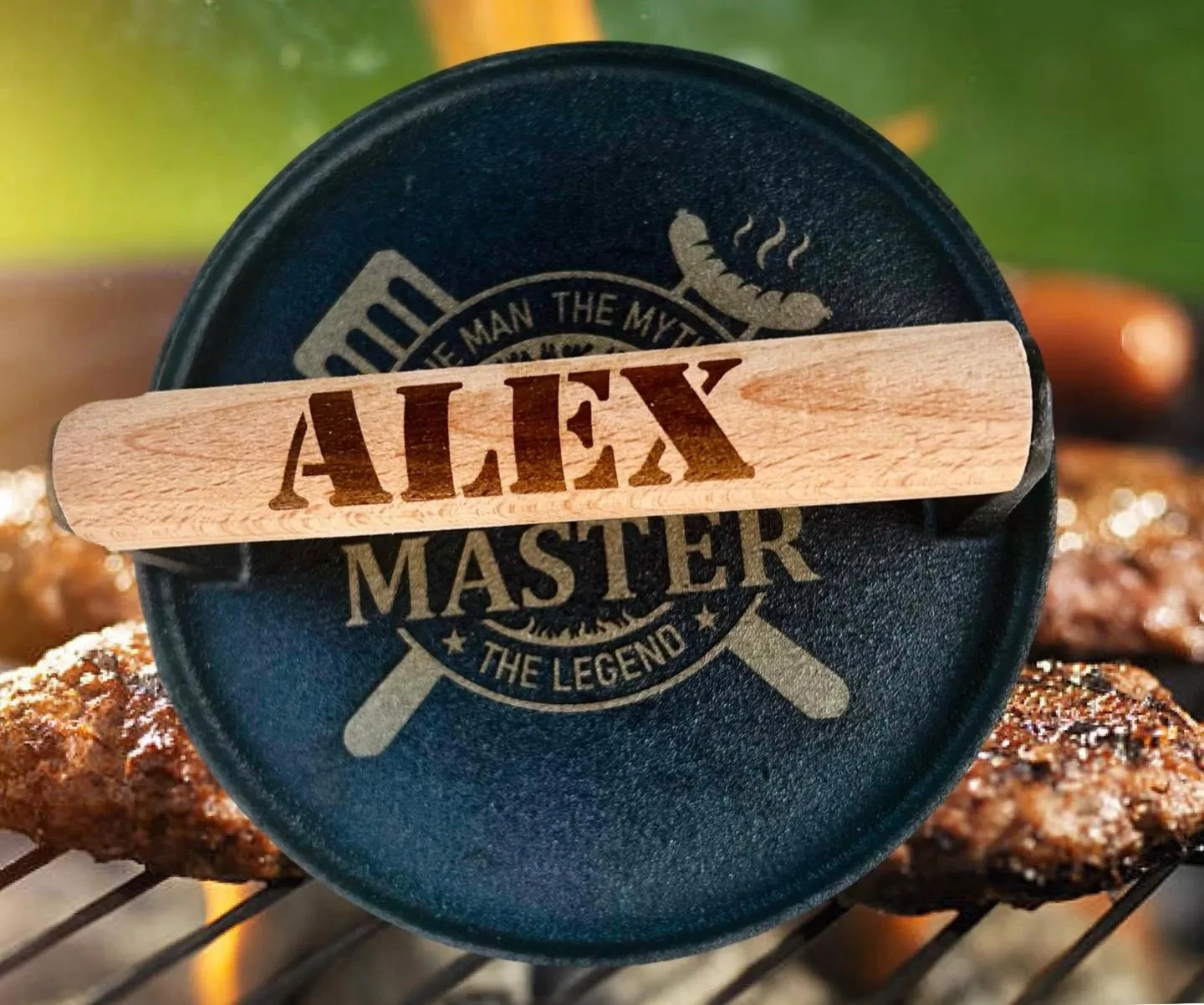Cast iron burger press personalized gallery