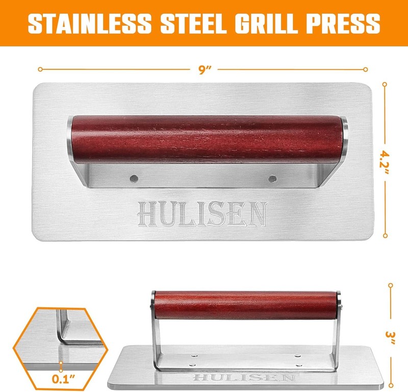 Stainless Steel Bacon Press, 9 Inch Large Heavy Duty Burger Press with Wood Hand gallery