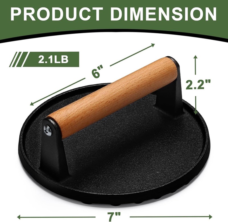 Ergonomic 7-Inch Cast Iron Grill Press with Wooden Handle - Perfect for Bacon gallery