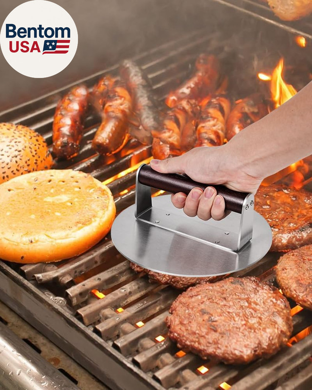8.5" Stainless Steel Smashed Burger Press, round Flat Edge Grill Press for Crisp gallery