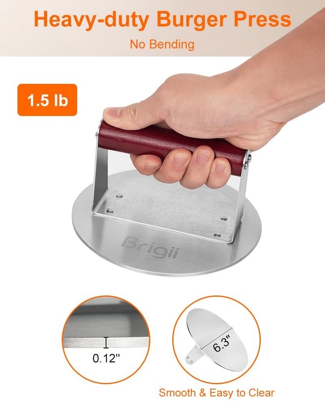Brigii 6.3" Stainless Steel Smashed Burger Press, Round Flat Edge Grill Press... gallery