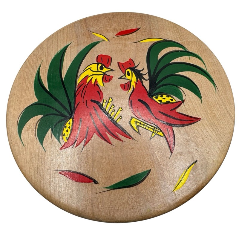 Vintage Fighting Roosters Hamburger Press Wood Hinged MCM Folk Art Kitchen Decor gallery