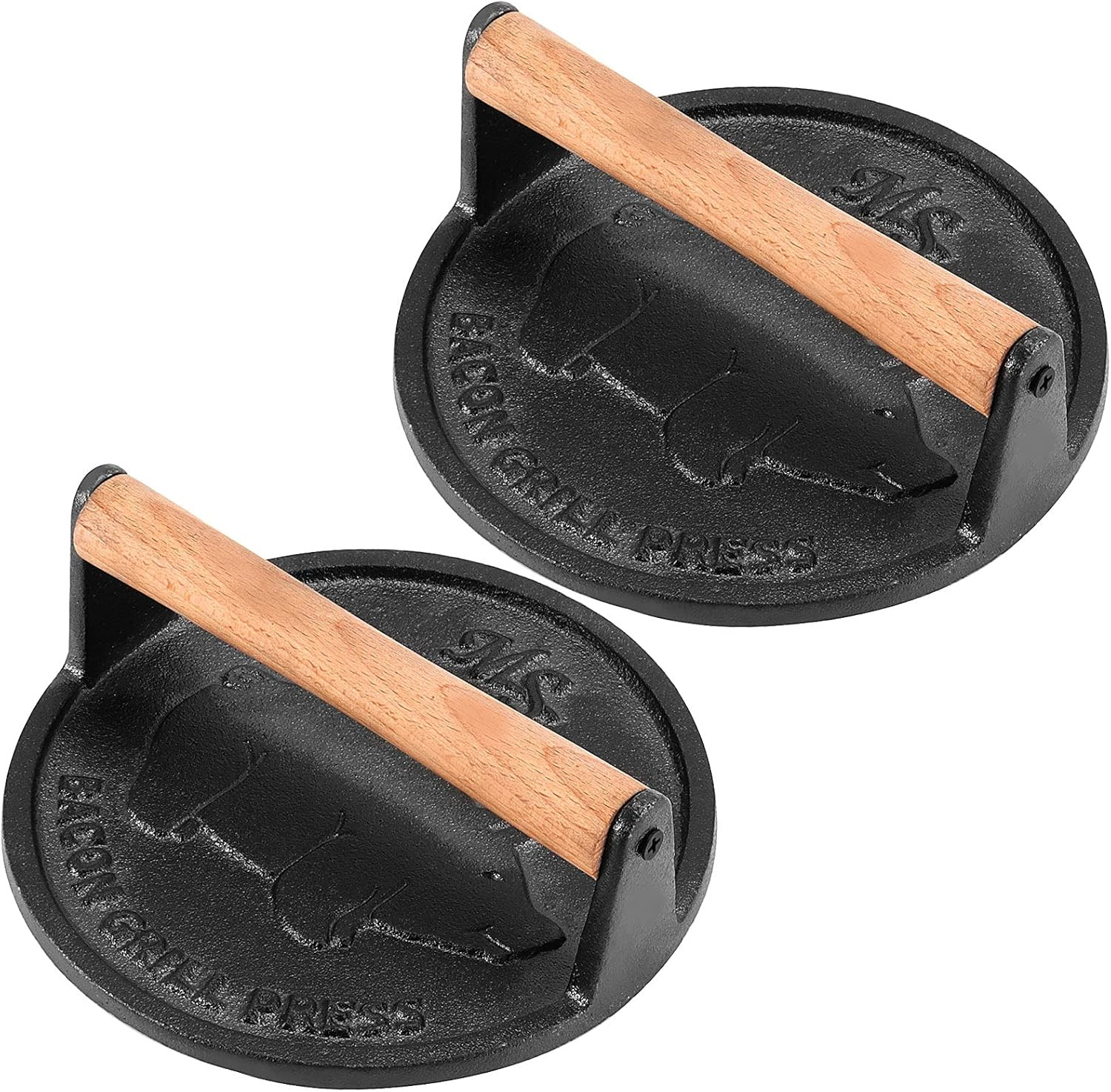 2 Pack 7 Inch Black Cast Iron Grill Press, Round Heavy Weight Bacon Press with W gallery
