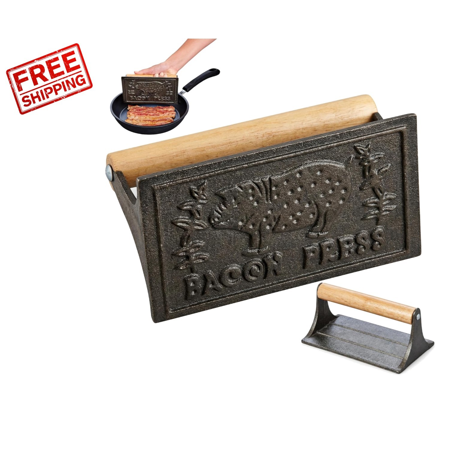 Heavyweight Cast Iron Bacon Press with Wooden Handle for Perfectly Crispy Bacon gallery