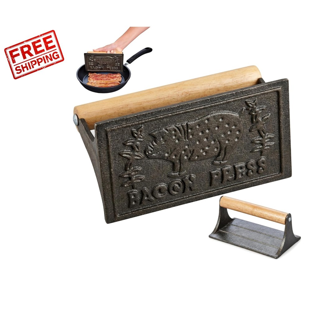 Heavyweight Cast Iron Bacon Press with Wooden Handle for Perfectly Crispy Bacon