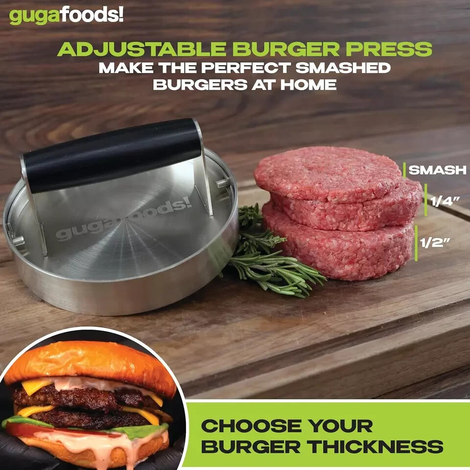 Beef Venison Adjustable Smashed Burger Press Stainless Steel for Hamburgers NIB