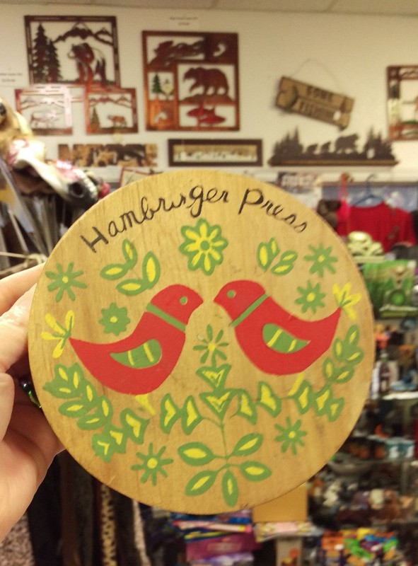Vintage Wood Hamburger Press handpainted red birds & yellow flowers with green gallery