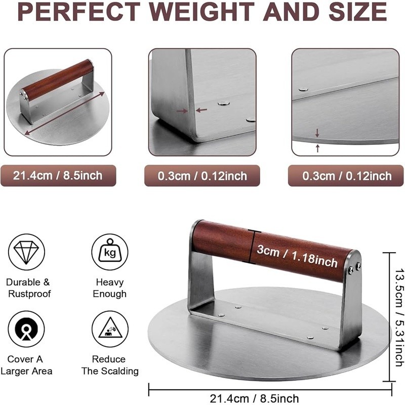 Premium Stainless Steel Burger Press Non-Stick Grill Weight W/ Wood Handle New gallery