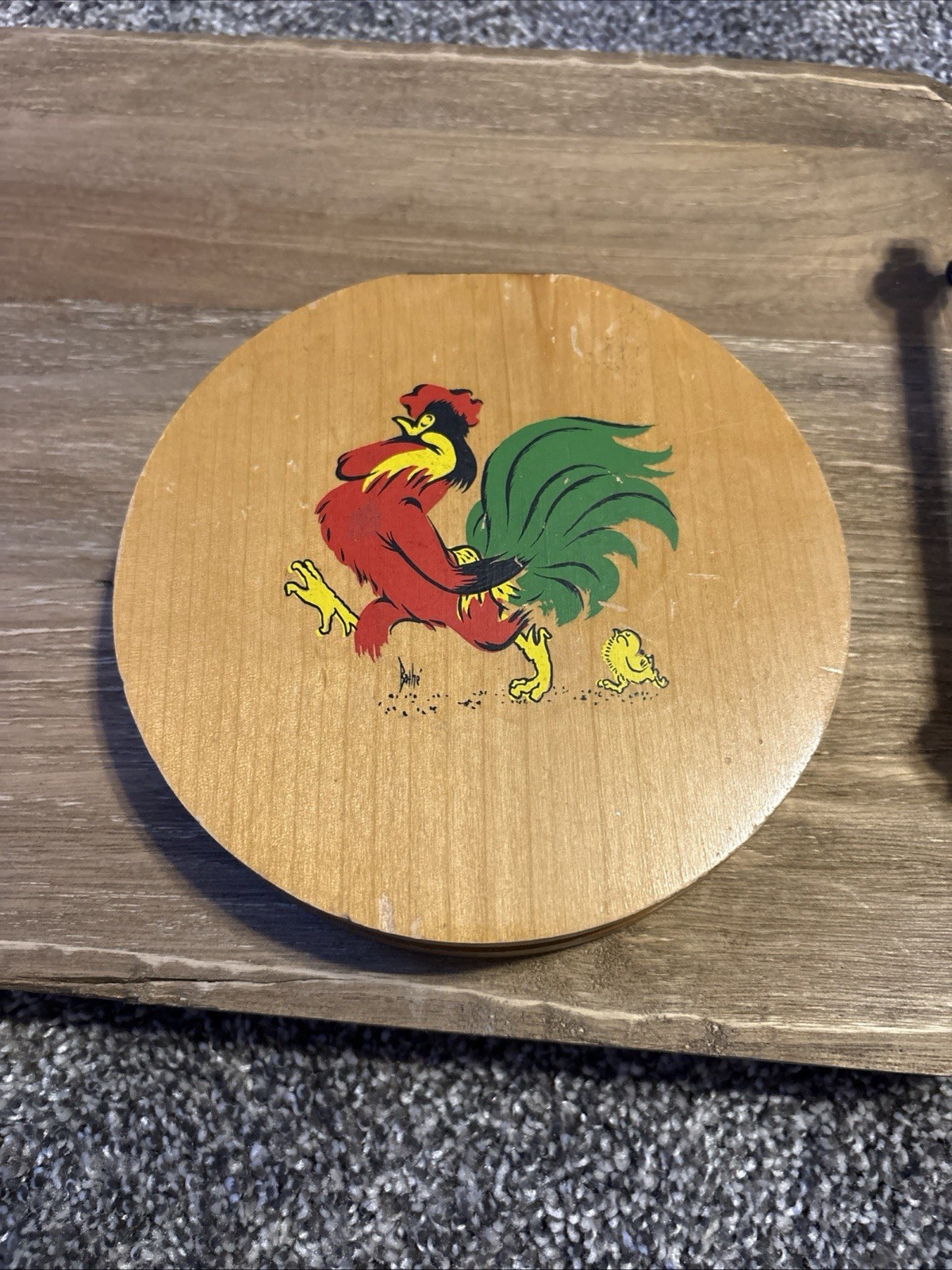 Vintage Wooden Wood Hamburger Patty Press Hand Painted Folk Art Chickens Rooster gallery