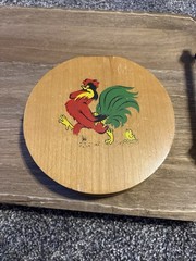 Vintage Wooden Wood Hamburger Patty Press Hand Painted Folk Art Chickens Rooster