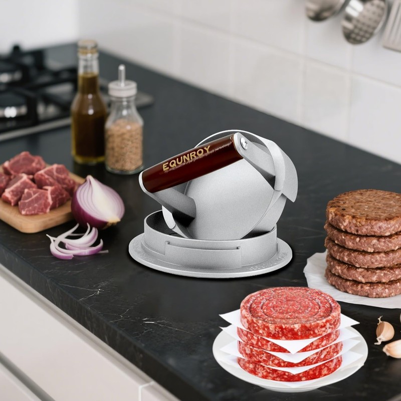 EQUNROY Hamburger Press Patty Maker, 3-in-1 Adjustable Burger Shaper silver gallery