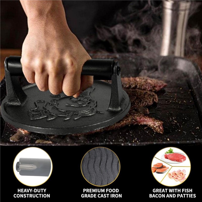 COOKWIN 6" Cast Iron Smashed Burger Press Kit, Heavy-Duty 6 inch Black gallery