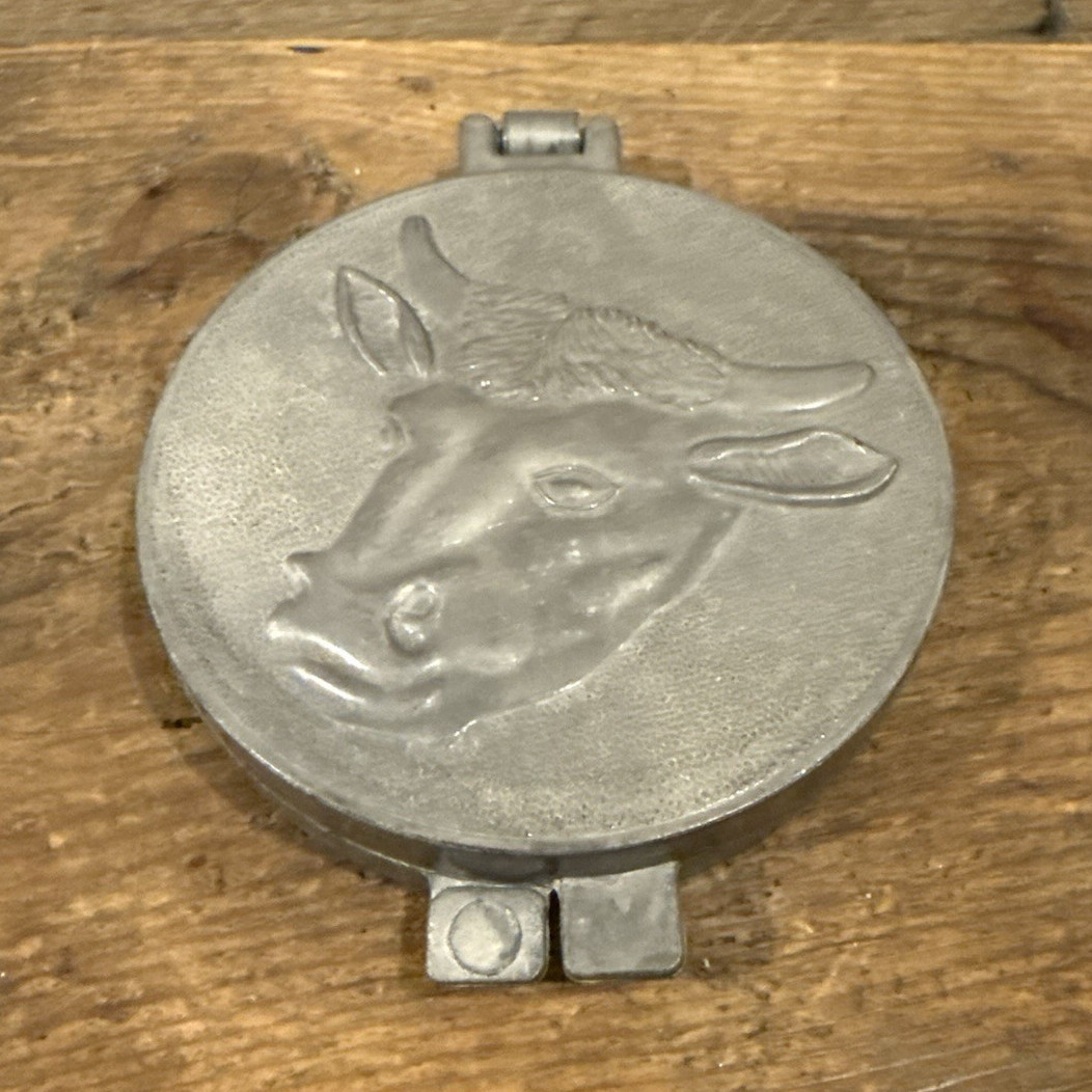 Metal Single Burger Press Cow Design Medium 6in Dishwasher Safe Silver Vintage gallery
