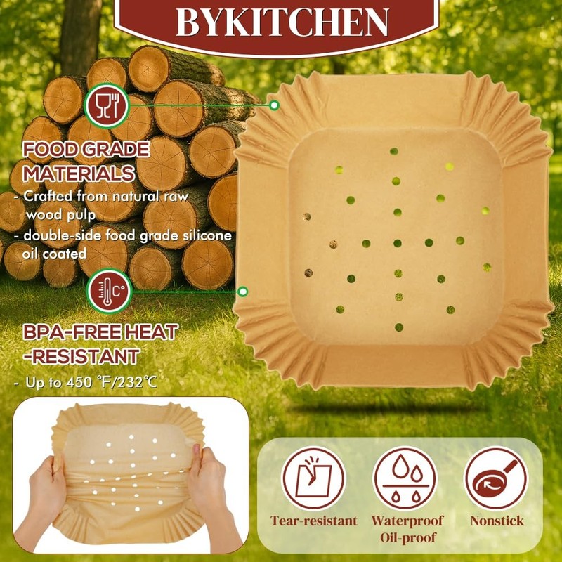 BYKITCHEN 300PCS Perforated Air Fryer Disposable 300pcs for 5 to 8 QT, Nature gallery