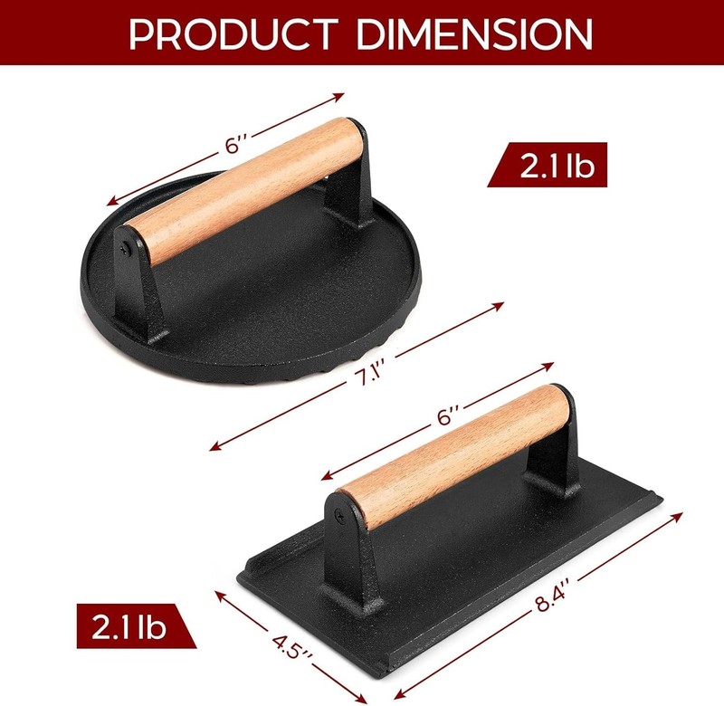 2 Pack Cast Iron Burger Press Smash Set Rectangle Round Griddle Bacon Tool gallery