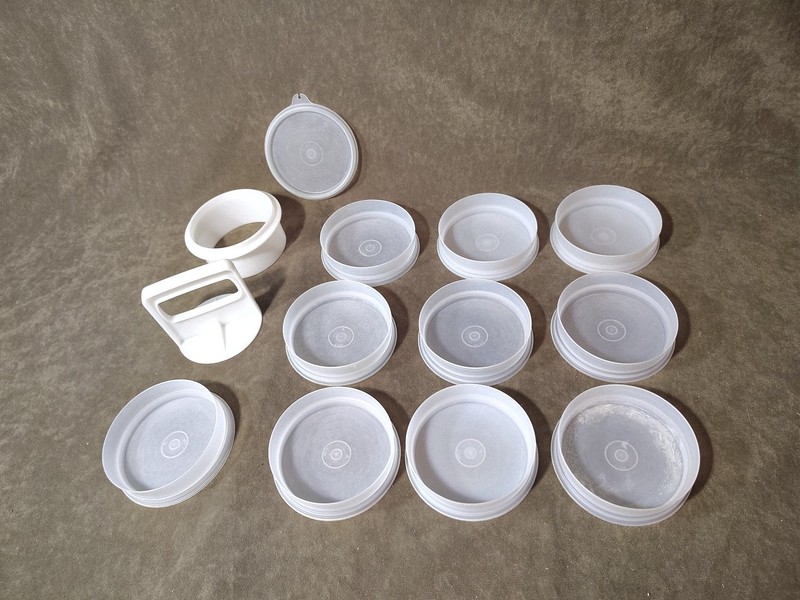 Vintage Tupperware 4" Hamburger Patty Press / Ring & 10 Freezer Keepers w/ Lid gallery