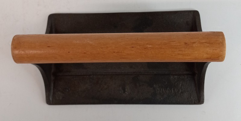 VTG Cast Iron Bacon Press w Wooden Handle 7 x 4.25" BBQ Grill Meat Smash Steak gallery