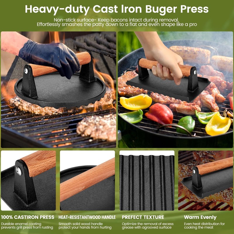 Burger Press Set 7" Round and 8.3" Rectangle Cast Iron Grill Press gallery
