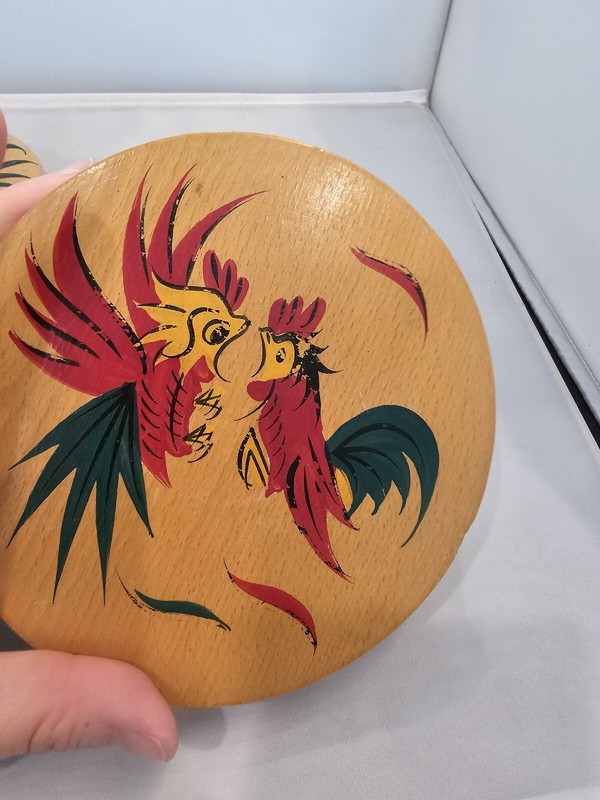 Vintage Wooden Wood Hamburger Presses Hand Painted Folk Art Chickens Rooster S4 gallery