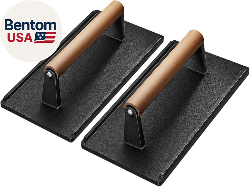 Cast Iron Grill Press-2Pcs, Heavy Duty Bacon/Burger/Griddle/Chef Press with Wood gallery