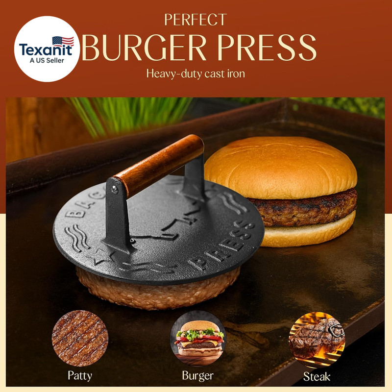 Heavy-Duty Cast Iron Burger Press 7 Inch round Burger Smasher, Grill Press for C gallery