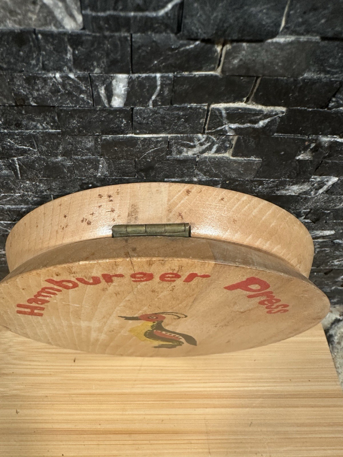 Vintage Wood Hamburger Press Hand Painted Quail Retro Kitchen Tool Wooden Decor gallery