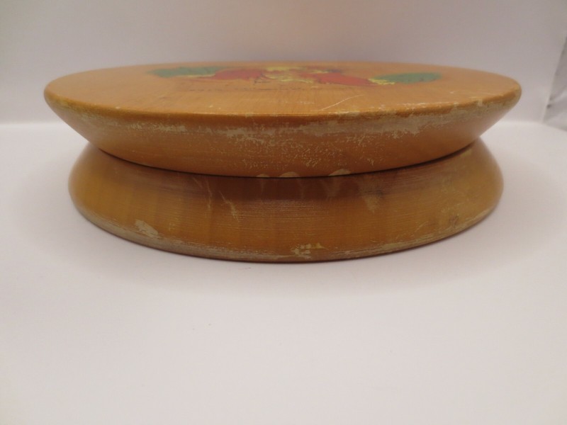 Vtg. Round Wood Hamburger Press - Rooster Applique Hinged Hamburger Patty Press gallery