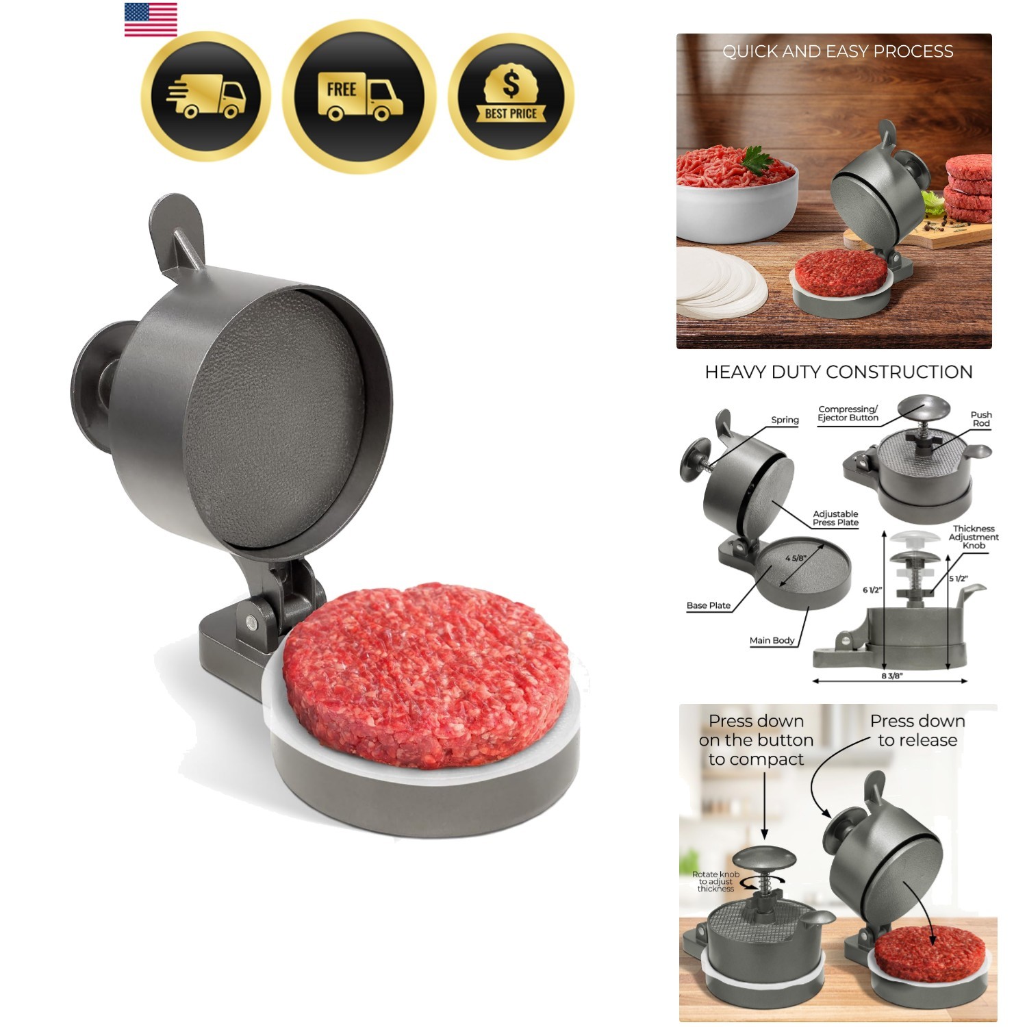 Burger Press Patty Maker – Adjustable Thickness 1/4 lb to 3/4 lb with Ejector... gallery