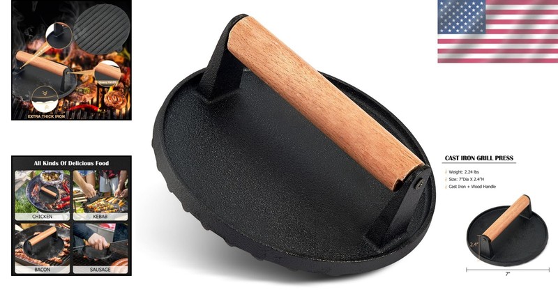 7 Inch Griddle Press Cast Iron Round Smash Grill Press Burger Smasher Bacon Meat gallery