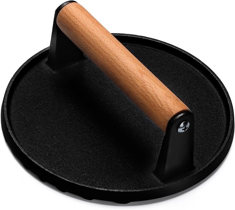 Burger Press, 7" Round Heavy-Duty Cast Iron Smash Bacon Press Meat Steak with... gallery