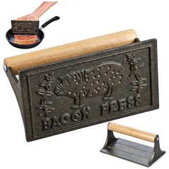 Cast Iron Bacon Press with Wooden Handle